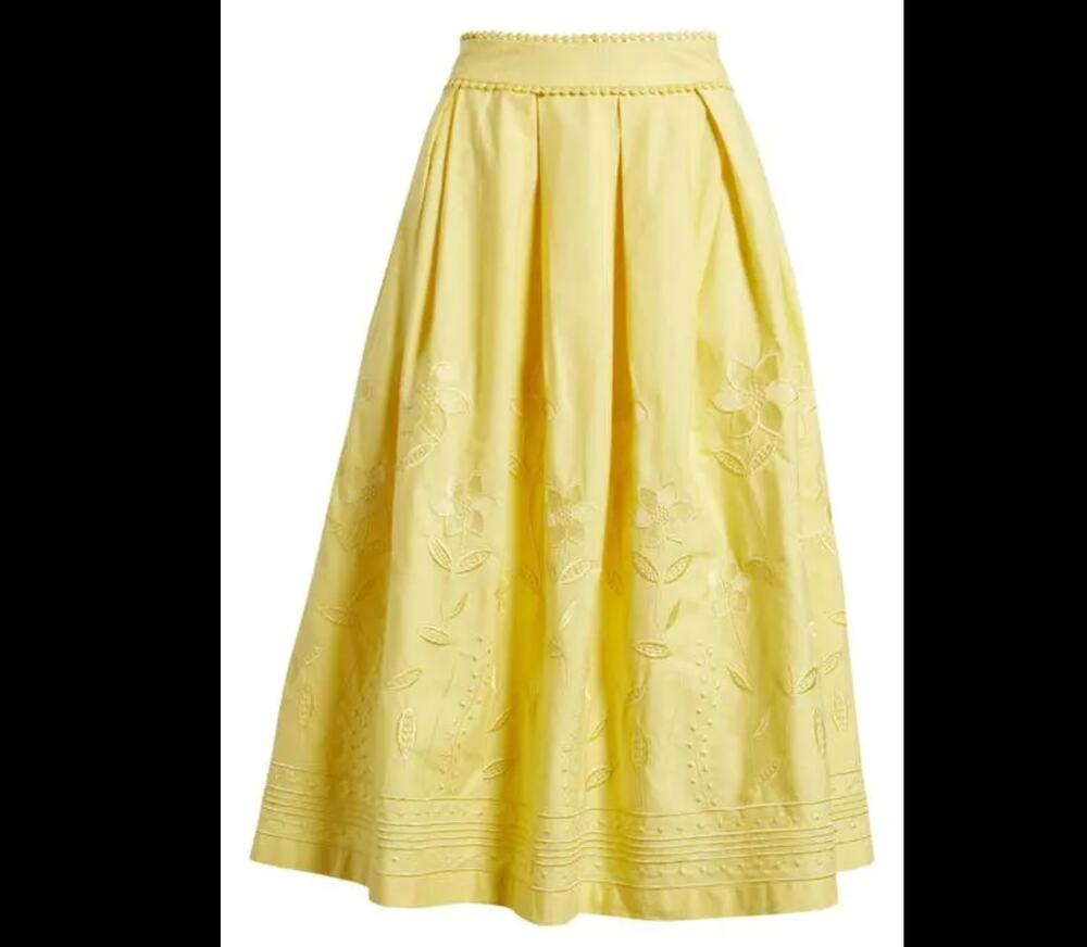NWT Avec Les Filles 100% Cotton Long Floral Embroidered Butter Yellow Skirt